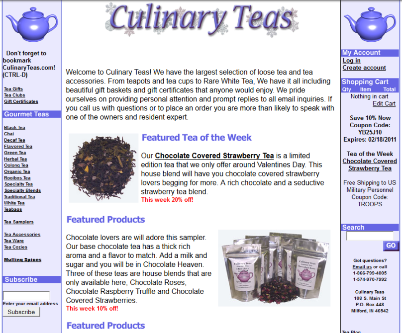 The Culinary Teas site, as captured by the Wayback Machine in 2011.