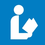 National Library Symbol: white person reading a book against a blue background