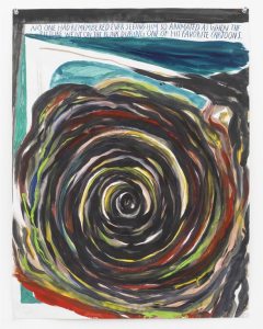 Pettibon spiral with text: No one had remembered ever seeing him so animated as when the picture went on the blink during one of his favorite cartoons.