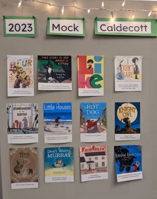 Bulletin board of 2023 Mock Caldecott with images of book covers