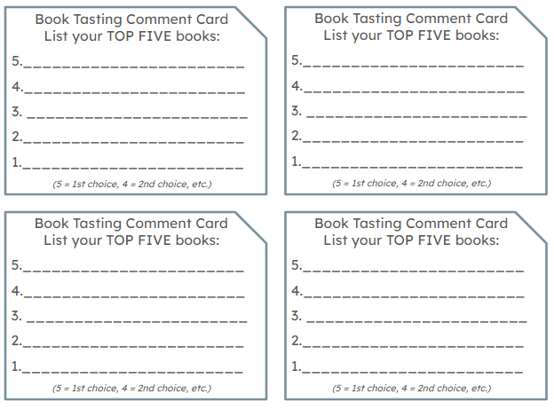 Book Tasting Comment Card - Top Five